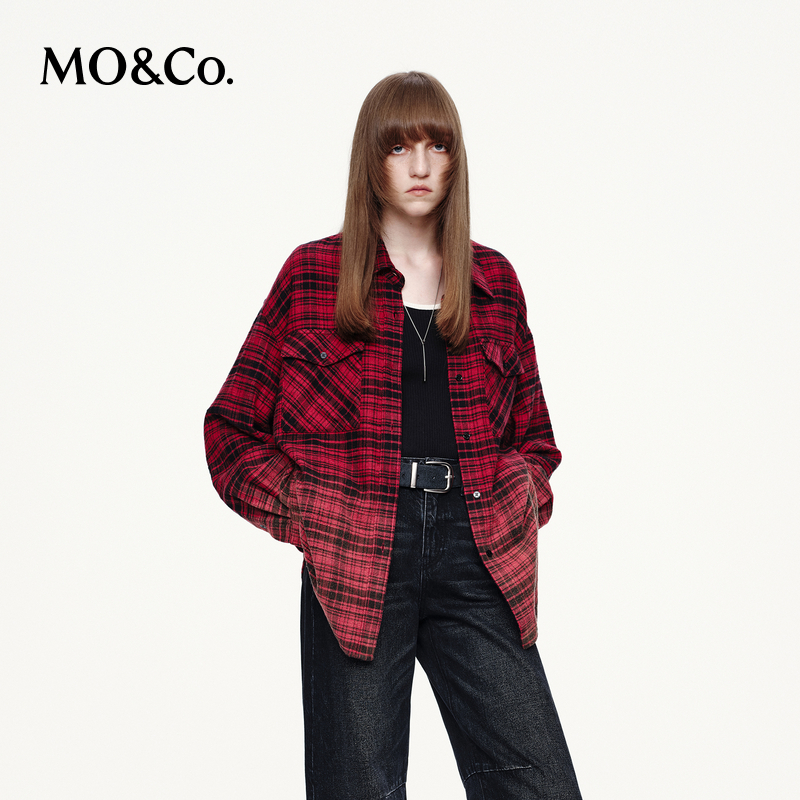 【流光风】MOCO衬衫2025秋新品棉质黑红格纹做旧渐变色MBE3SHTT03