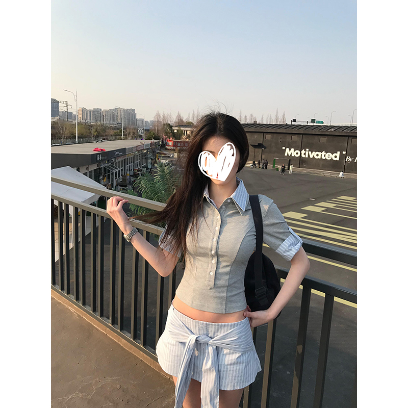 美式假两件短袖t恤女夏季拼接半袖修身短款上衣绑带条纹短裙套装