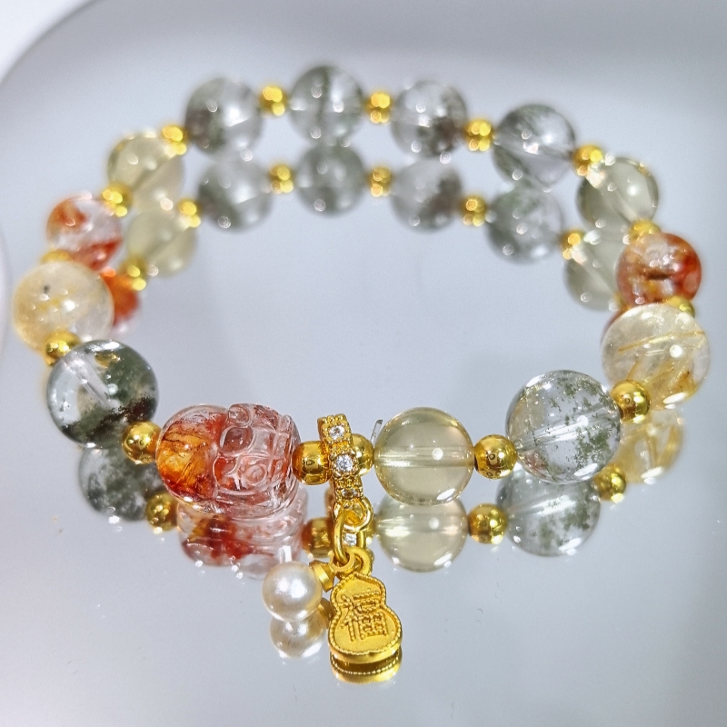 【小金库】绿幽灵金发晶黄水晶胶花貔貅葫芦配饰手串手链S-1968