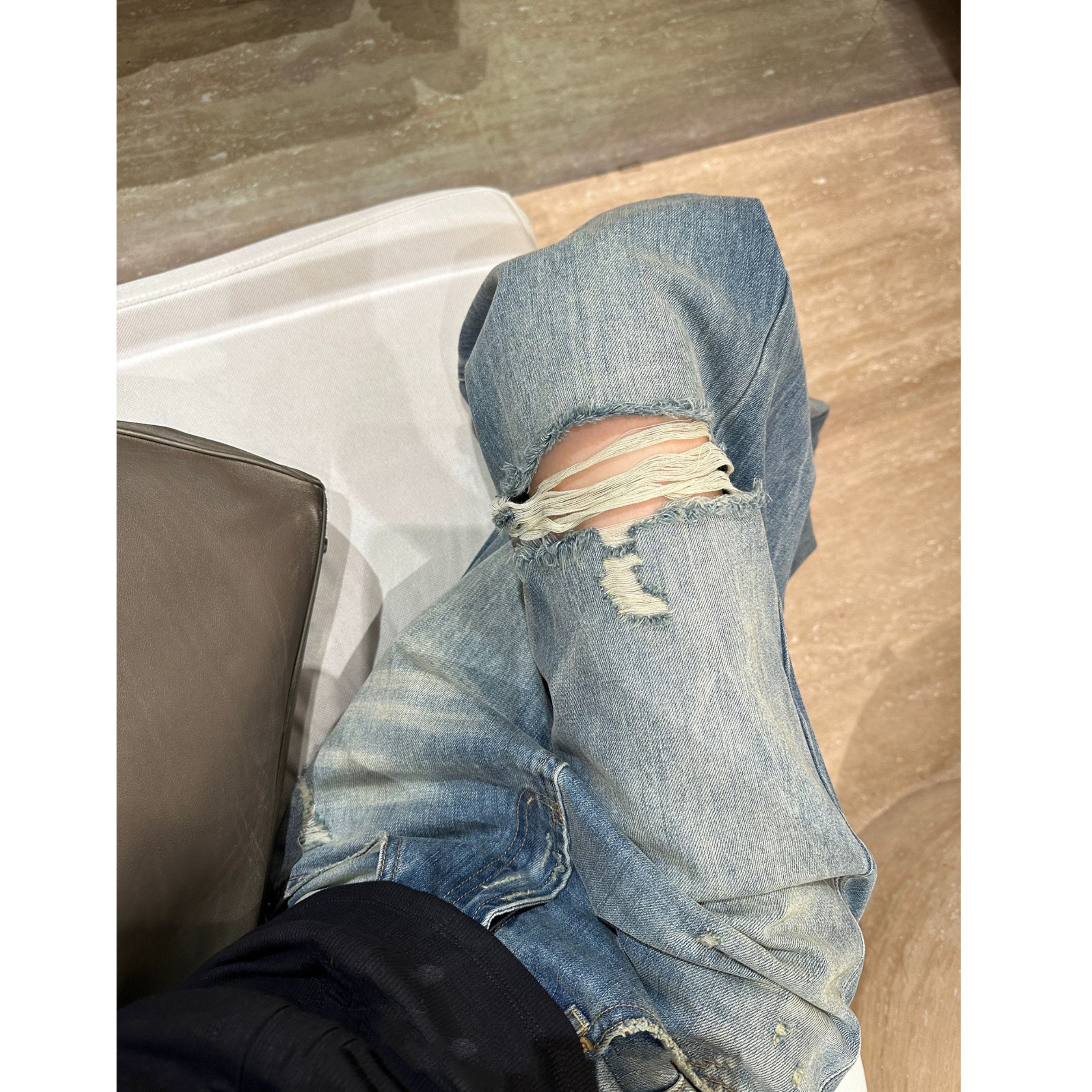 美式做旧磨破水洗阔腿牛仔裤女2024夏季高腰垂感显瘦直筒拖地裤子