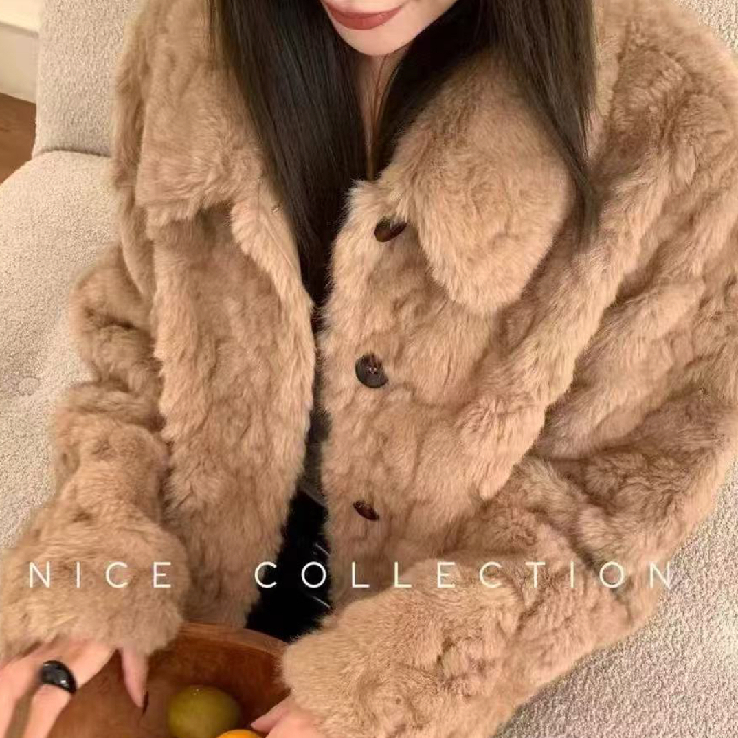 女冬季慵懒风短款加厚皮毛一体毛毛外套显瘦百搭