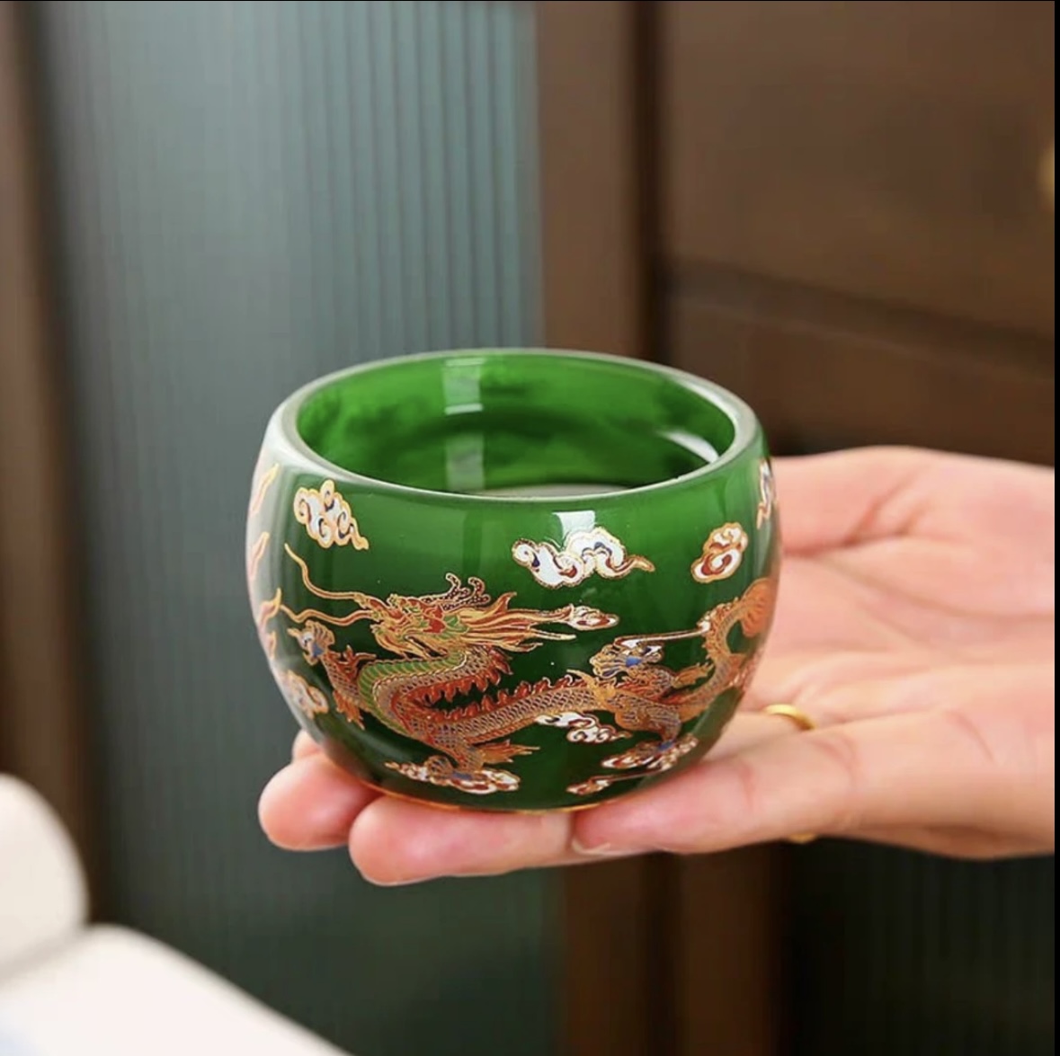 高端茶杯茶器（龙凤戏珠绿琉璃杯）主人杯