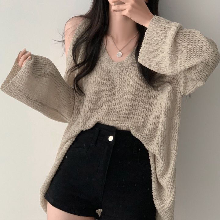 女长袖薄款V领秋季宽松毛针织衫针织衫显瘦可爱风