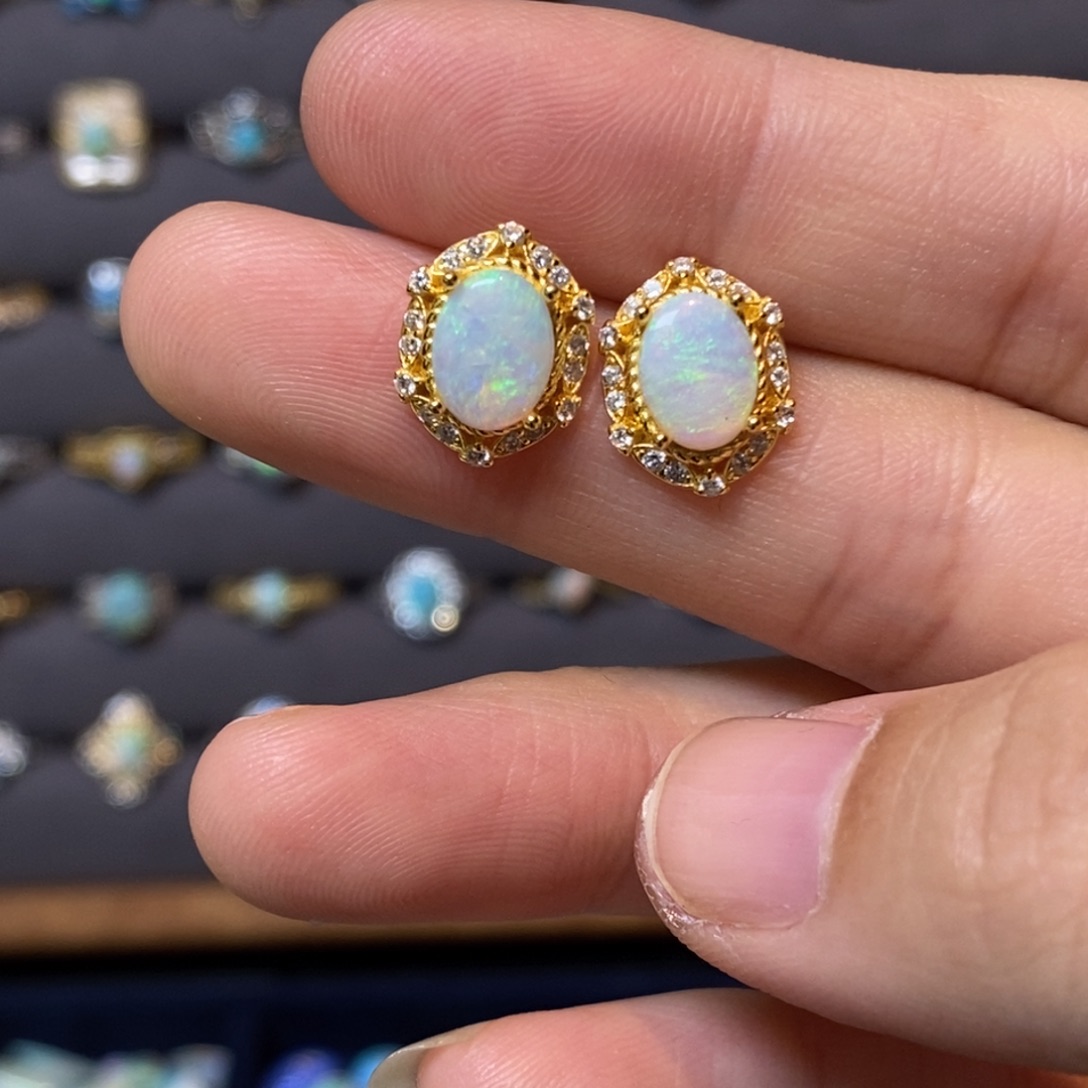 欧泊珠宝奇石银S925镶嵌耳钉