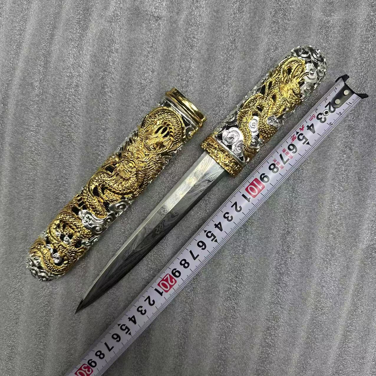 [九剑堂]镂空龙纹短剑短唐横全白铜自炼夹钢山水一体龙骨未开刃