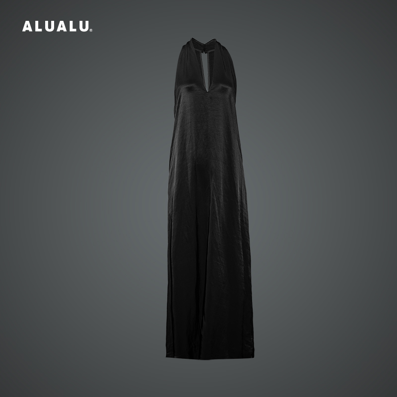 极简V领挂脖连衣裙度假风长裙女士长裙轻奢气质显瘦百搭无袖时尚