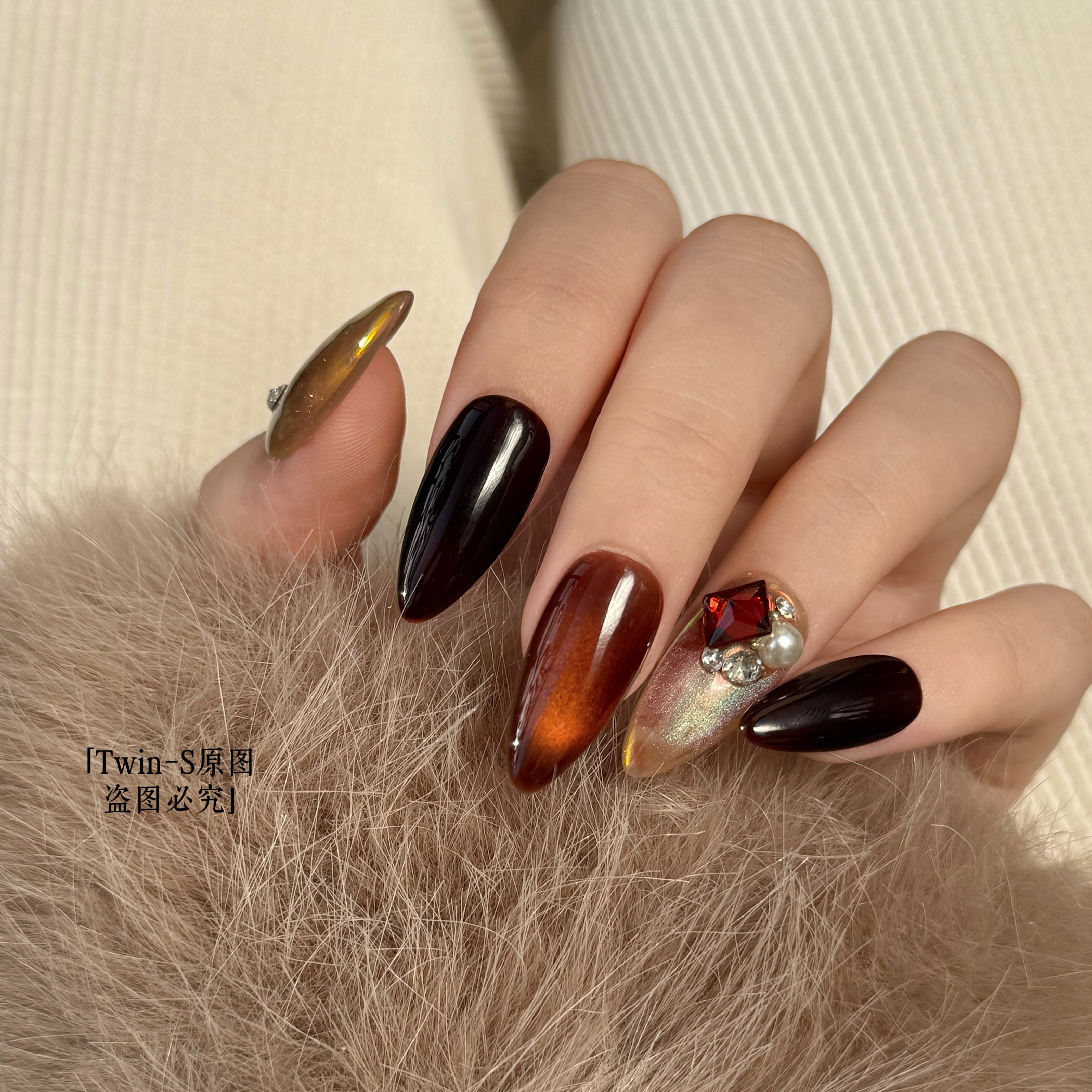 【柔影栖珀】秋冬氛围感琥珀色气质纯手工穿戴甲