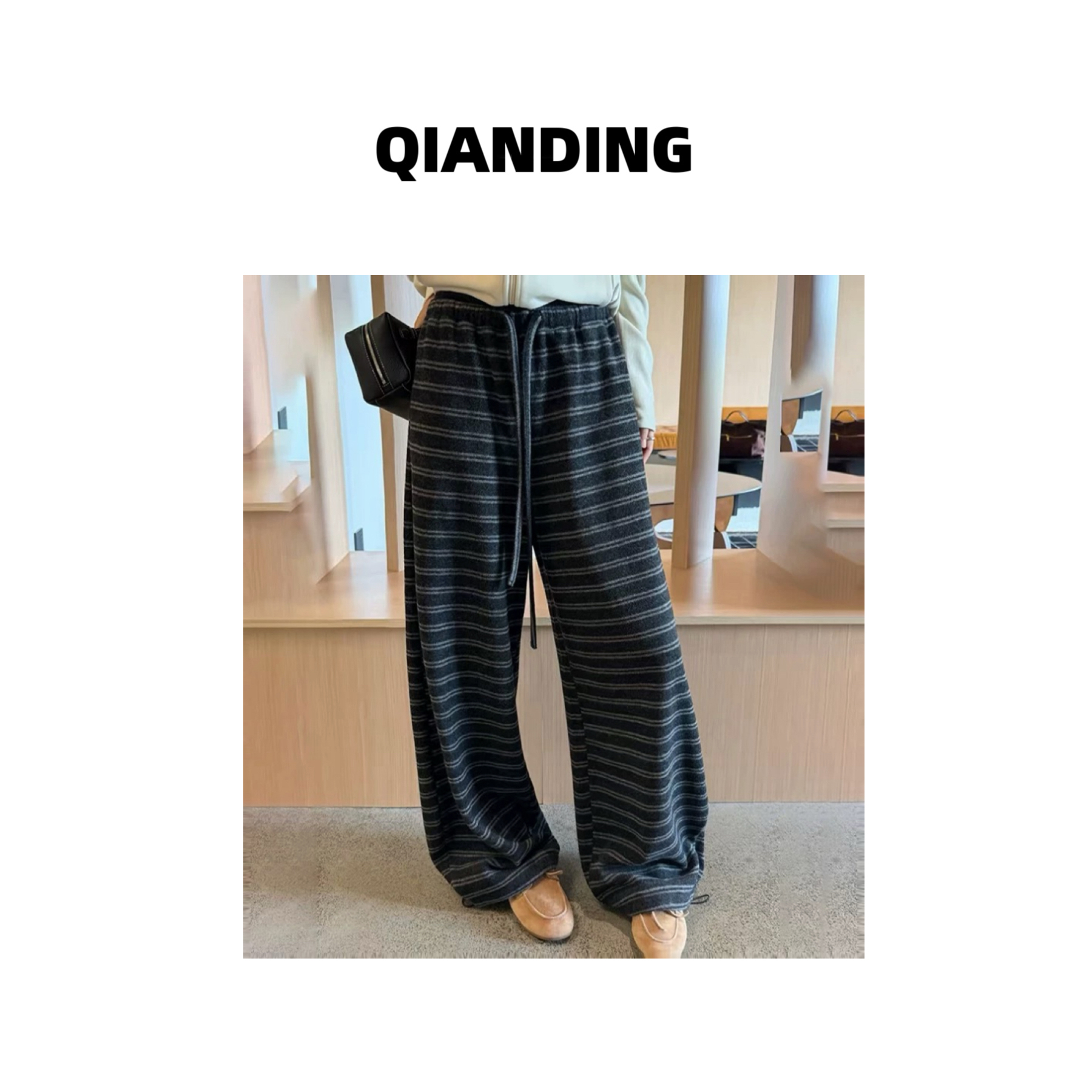 【QIANDING】条纹裤”撞色抽绳纹理休闲裤 254010