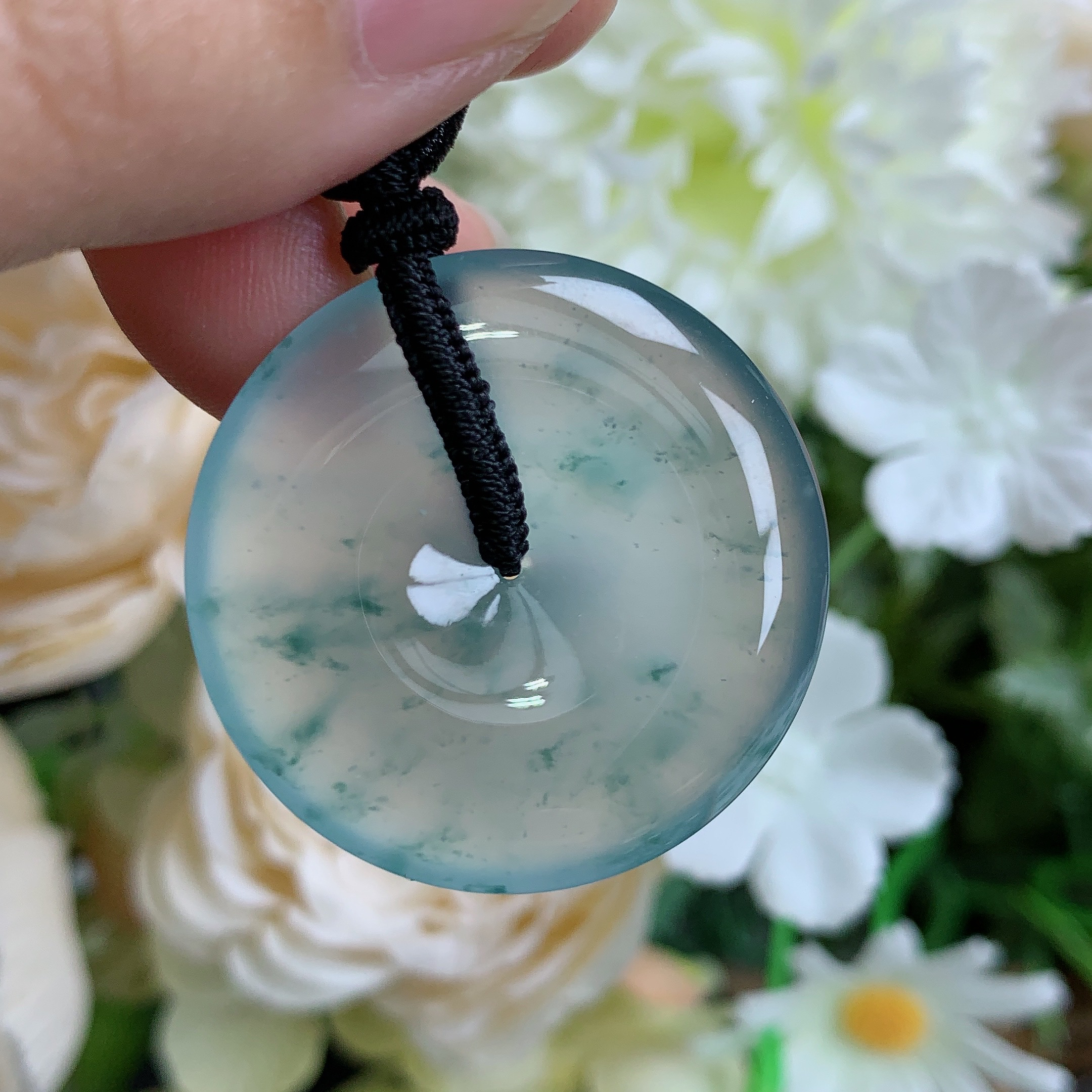 缅甸天然翡翠A货玻璃种起钢飘花饱满平安扣吊坠龙尺寸31.5/5.9mm
