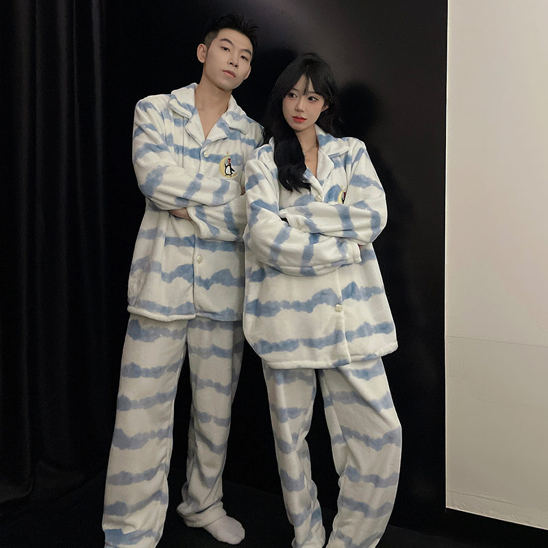 情侣睡衣女秋冬季款珊瑚绒加绒加厚保暖小企鹅男士冬天家居服套装