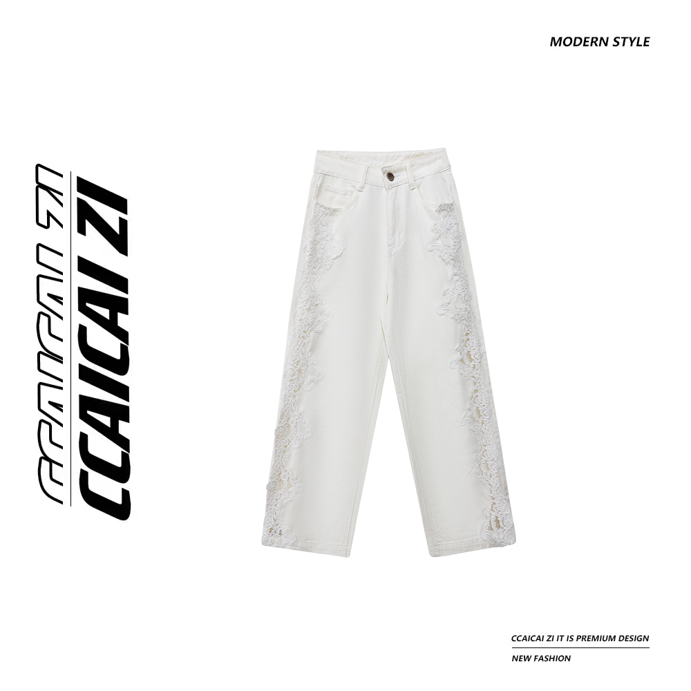 [no退no换]【慕斯女神】侧拼蕾丝钩花阔腿直筒牛仔裤 7223