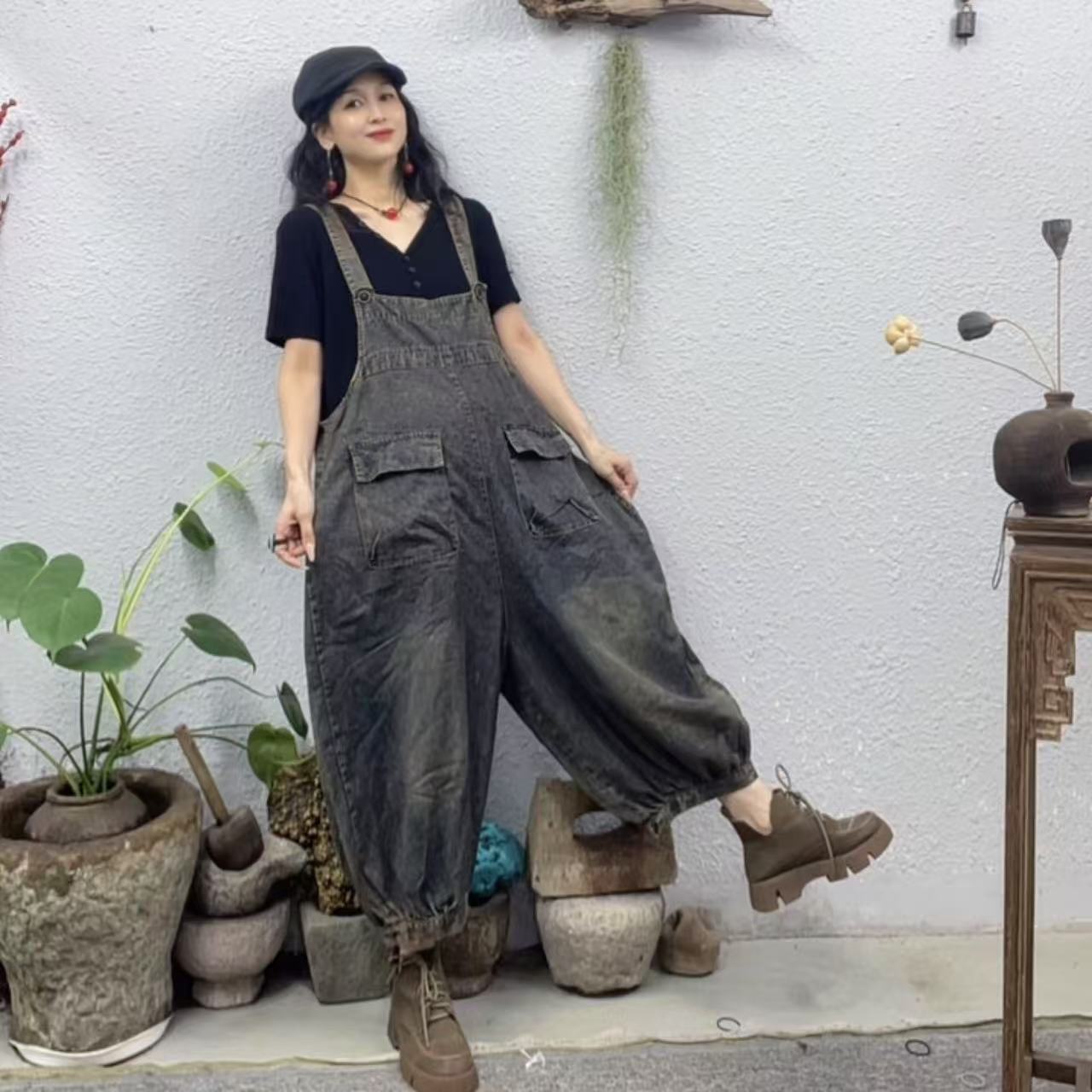 260085薄料前口袋加盖炒色灯笼背带牛仔裤长120-128腰围110脚口44