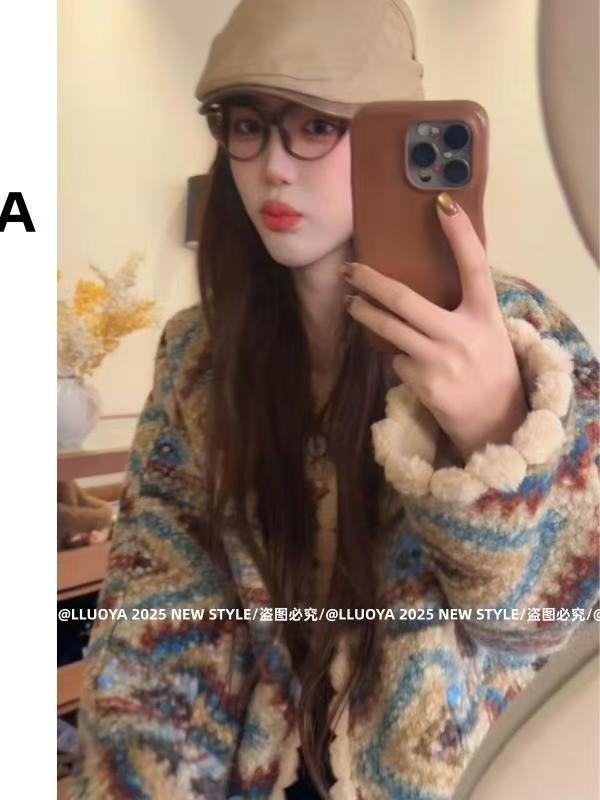 复古圈圈毛慵懒风厚外套2025秋冬宽松韩版百搭加绒保暖外搭