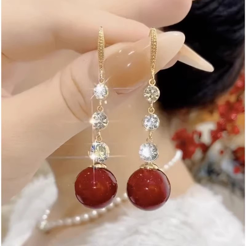 铜合金仿珍珠耳饰 高级感复古相思红豆耳环W44小众设计长款气质