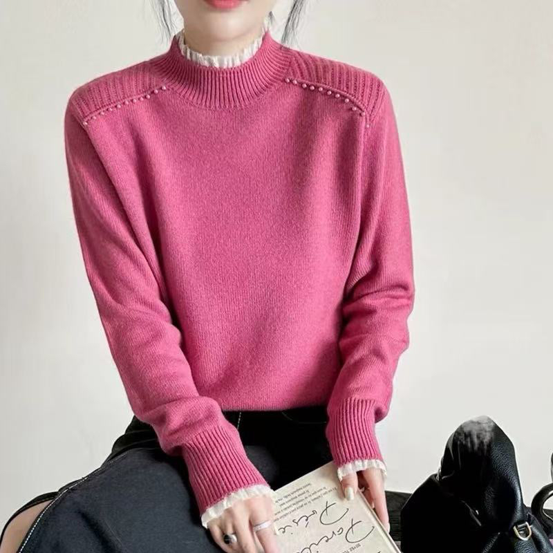 蜜熊绒冬季新款洋气百搭钉珠拼色花边领毛衫