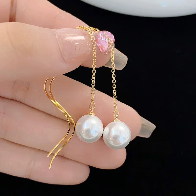 铜合金仿珍珠耳饰 时尚高级轻奢金色波浪长款珍珠耳线2626