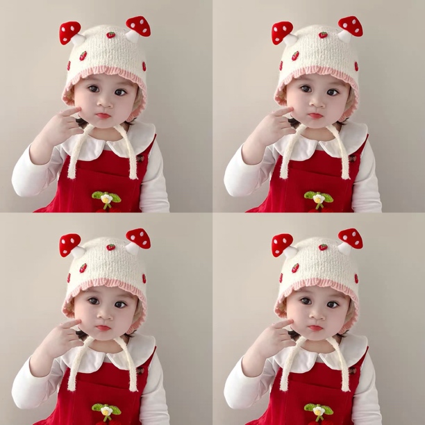 婴儿帽子秋冬新款可爱蘑菇护耳帽男女宝宝冬季超萌保暖针织毛线帽