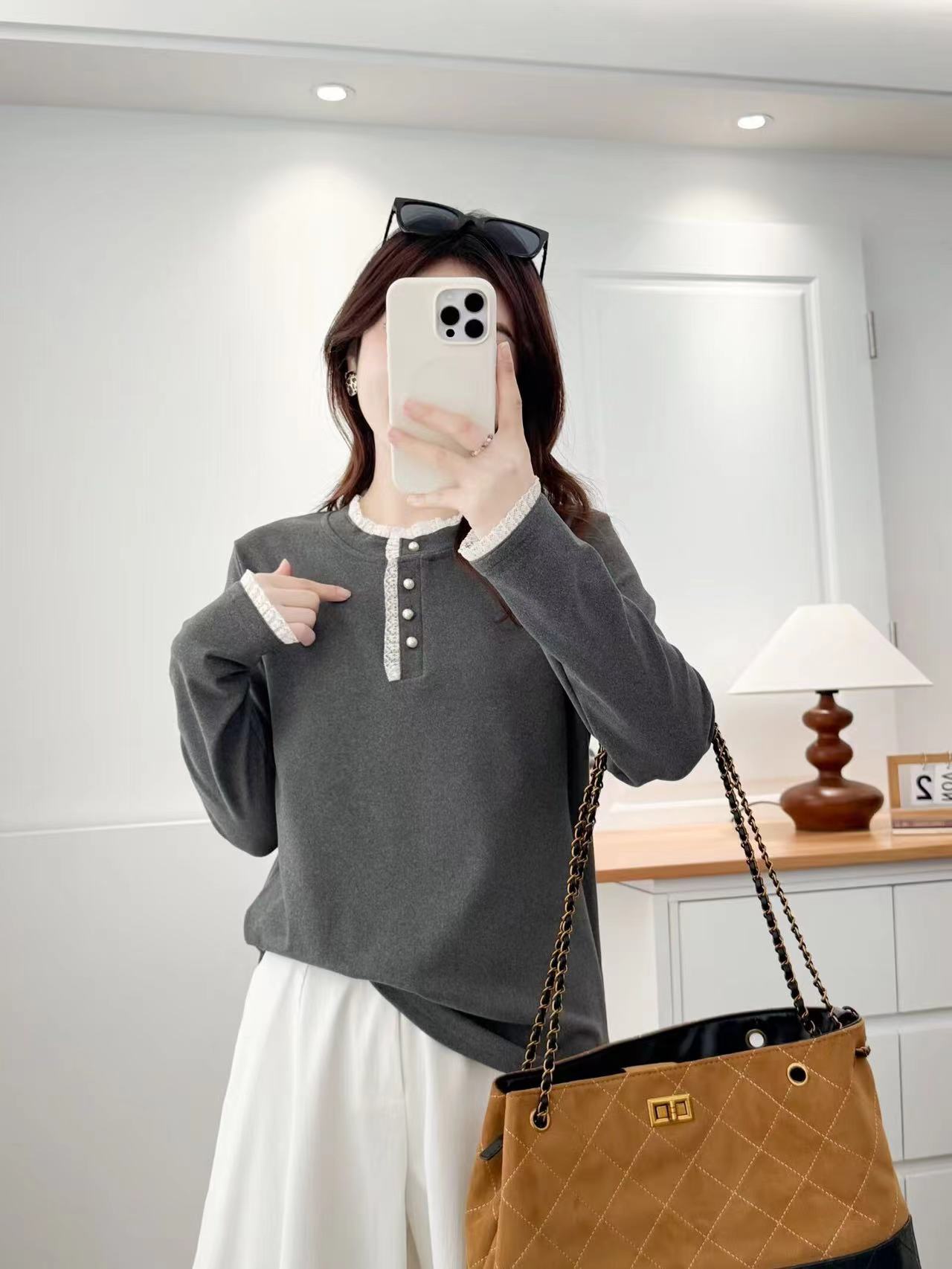 宽松型极简风绒衫立领休闲风常规款女长袖T恤