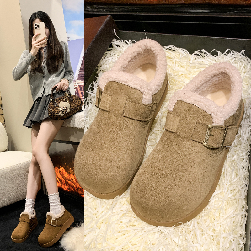 加绒全包复古勃肯鞋女春秋季2025新款一脚蹬休闲豆豆单鞋毛毛鞋