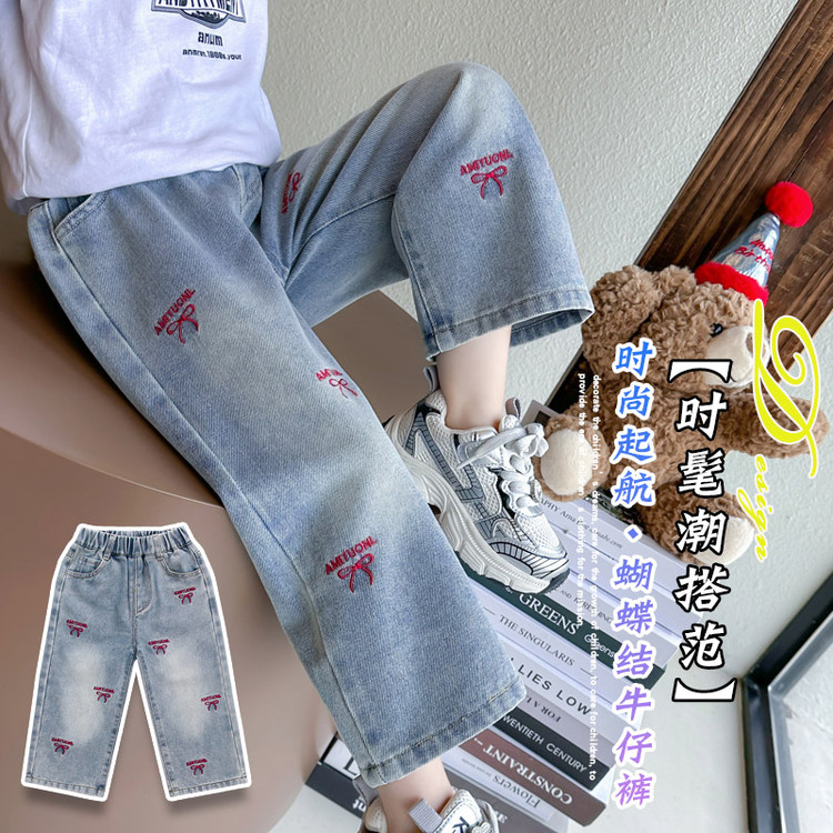 特价 秋季新款女童牛仔裤中小童洋气时尚休闲直筒裤红色蝴蝶结 