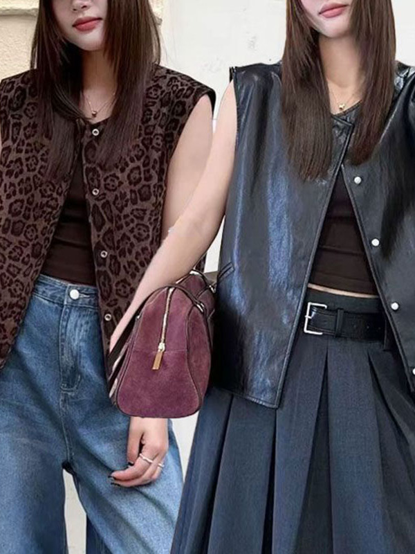 豹纹马甲外套女2025早秋新款韩系休闲百搭两面穿无袖马夹坎肩上衣