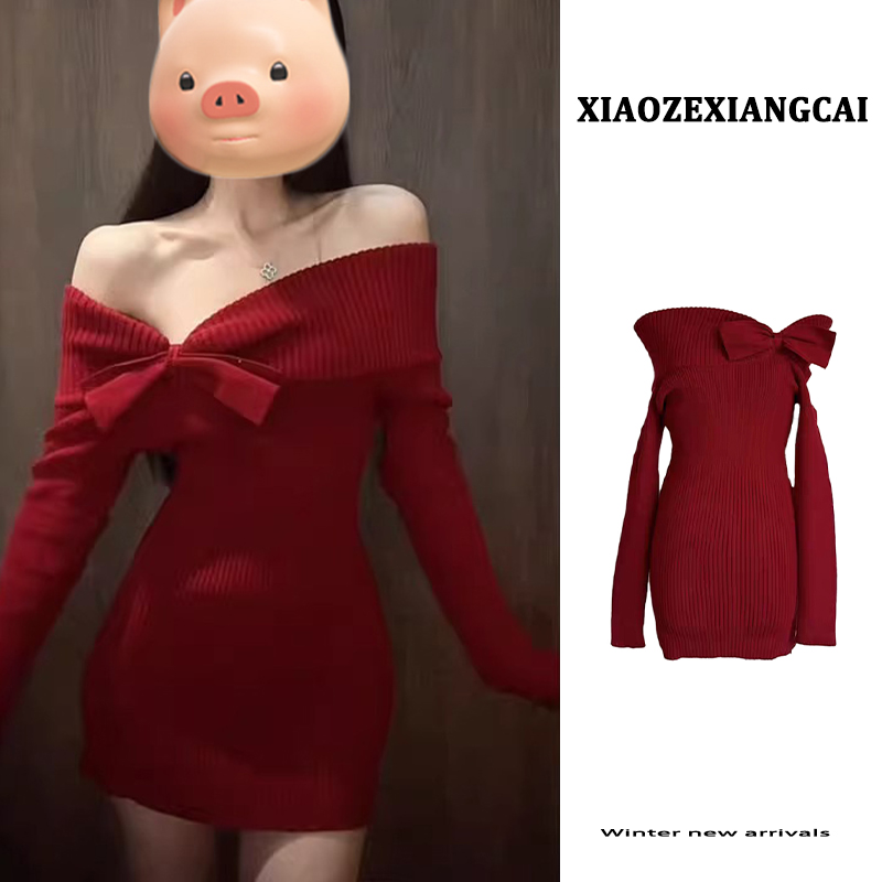 圣诞节2025新年红色一字肩蝴蝶结针织连衣裙女秋冬修身包臀短裙子