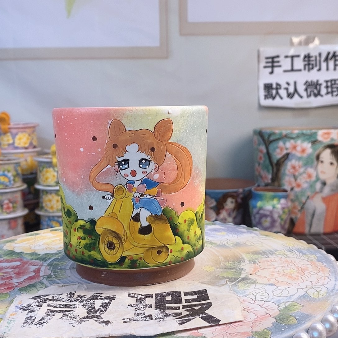 紫砂花盆红陶手绘花盆