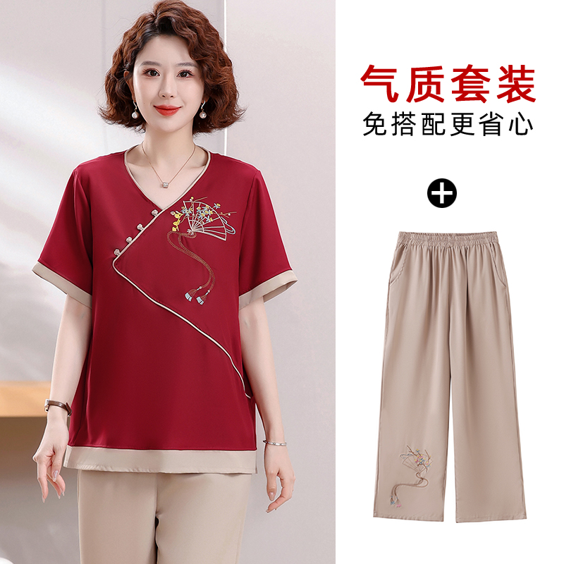 胖妈妈遮肚藏肉夏装套装母亲衣服中年短袖宽松加肥特大码时尚洋气