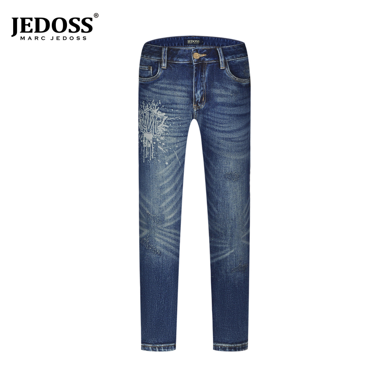 2025秋冬新款时尚LOGO蝴蝶水洗泼墨直筒牛仔裤蓝色男款裤子103