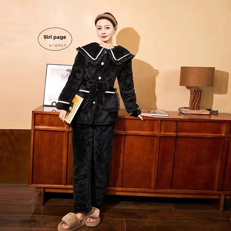 冬季时尚加厚加棉保暖睡衣套装外穿经典翻领保暖睡衣女黑色洋气