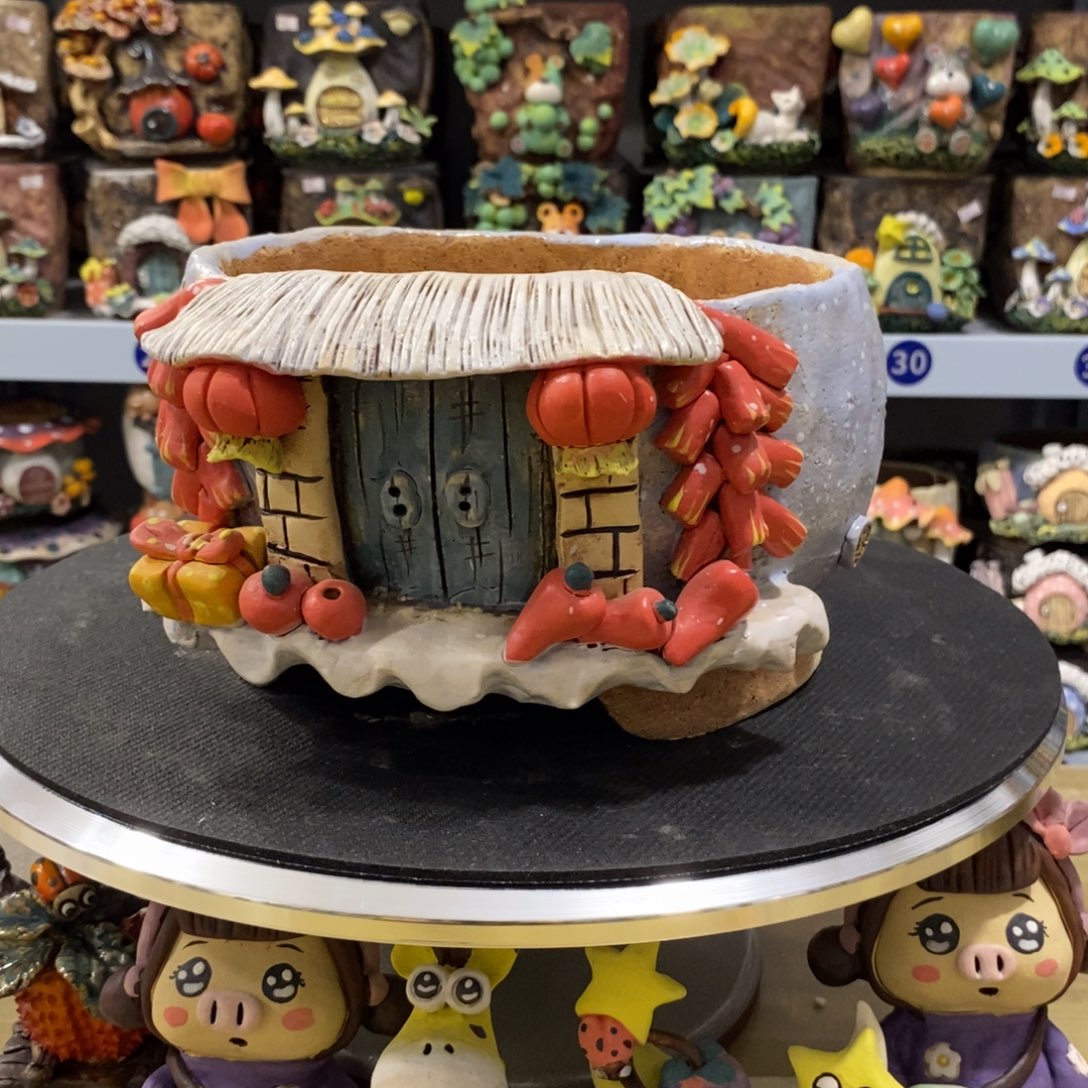 白狐粗陶手捏花盆