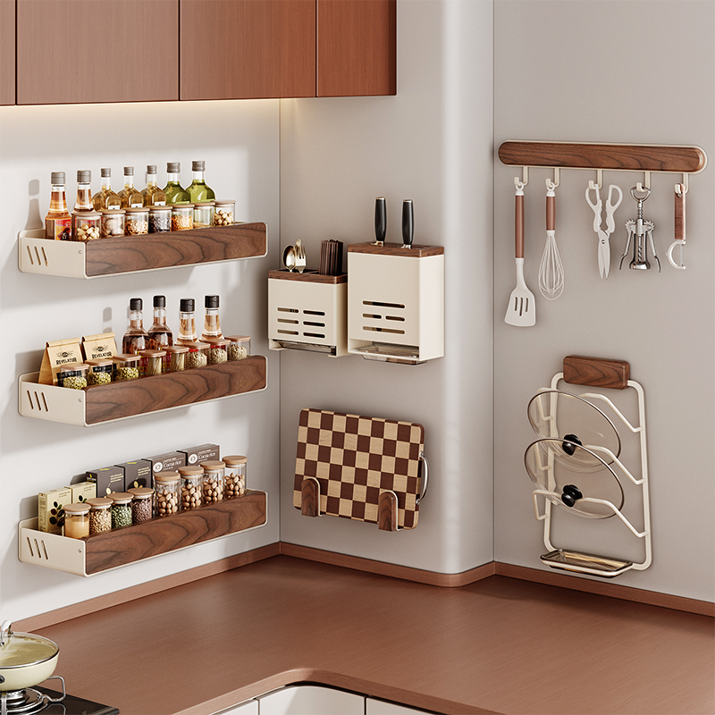 胡桃木厨房置物架奶油中古风免打孔实木锅盖刀筷勺调味料壁挂收纳