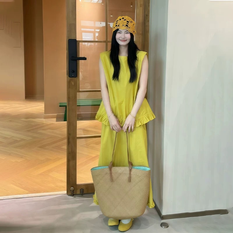 韩系甜美木耳边无袖背心上衣宽松半身裙两件套女夏季绝美穿搭套装