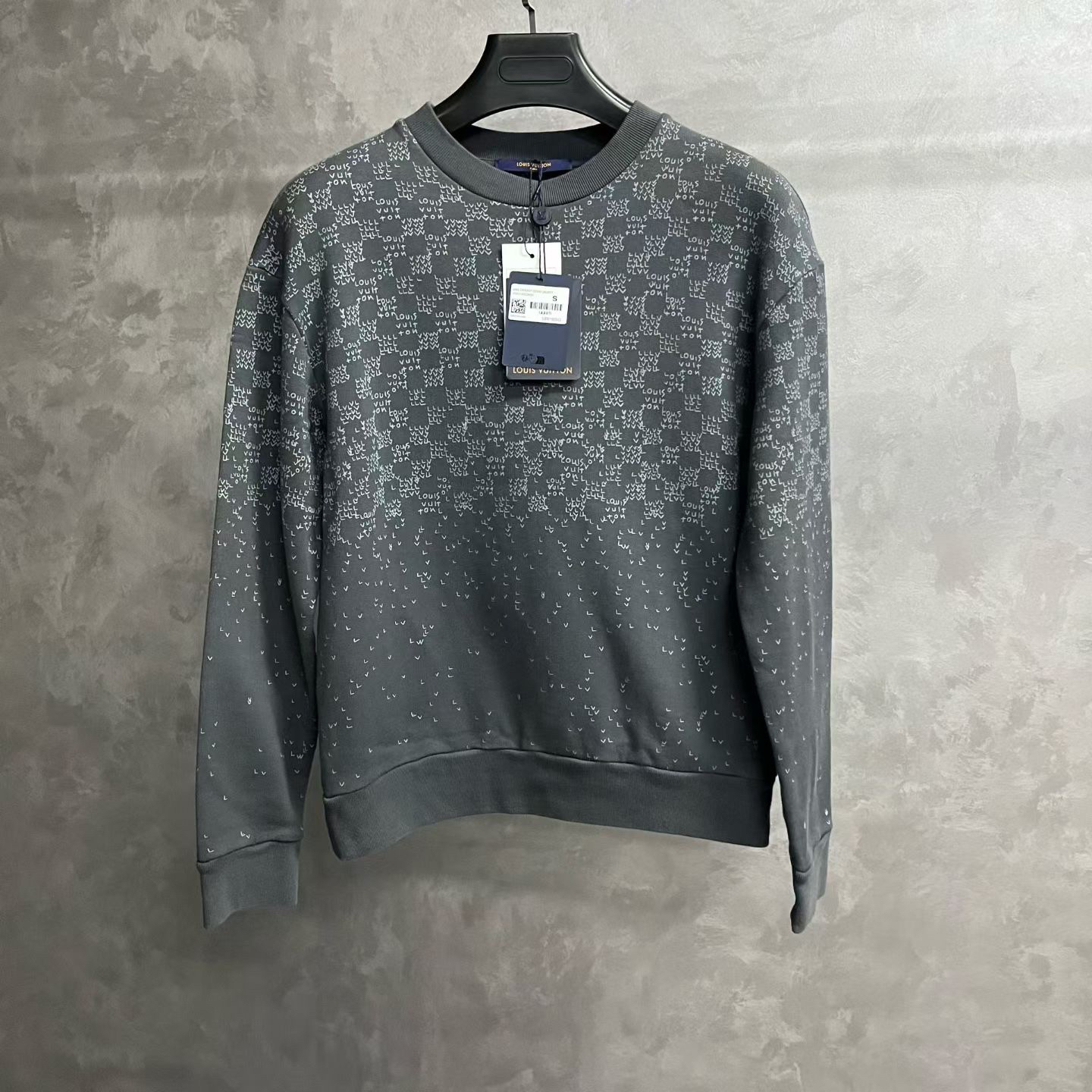 99新 LouisVuitton/路易威登 灰色格纹印花拼色圆领运动卫衣/S