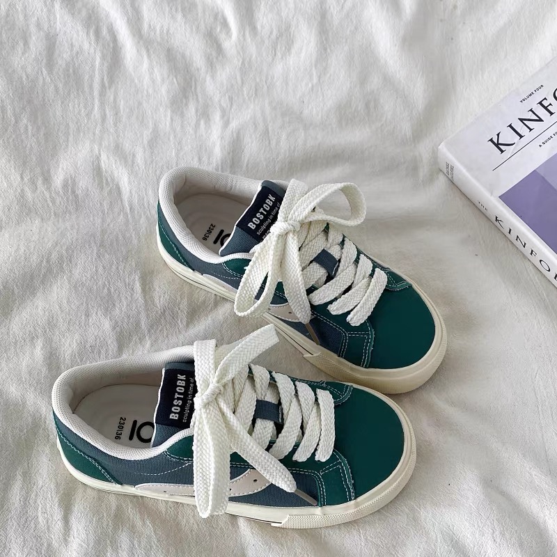 B-9282墨绿美式复古圆头板鞋女春季新款百搭chic小白鞋厚底帆布鞋