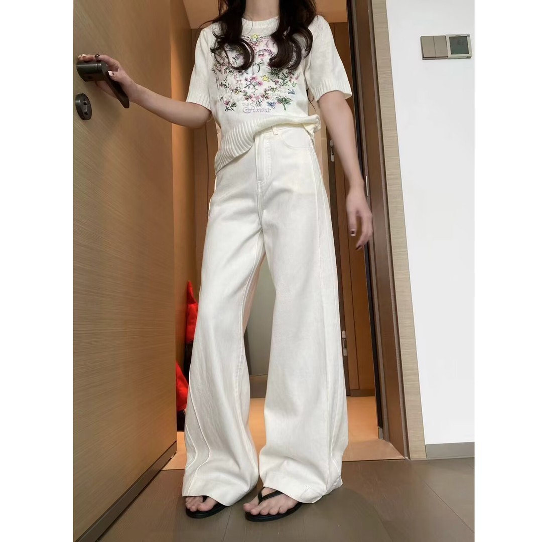 白色高腰阔腿裤微喇牛仔裤女2025秋季新款修身宽松显瘦拖地裤子女