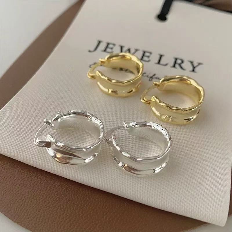 925银耳饰 原创设计耳环个性小众褶皱耳饰耳圈女气质波浪款