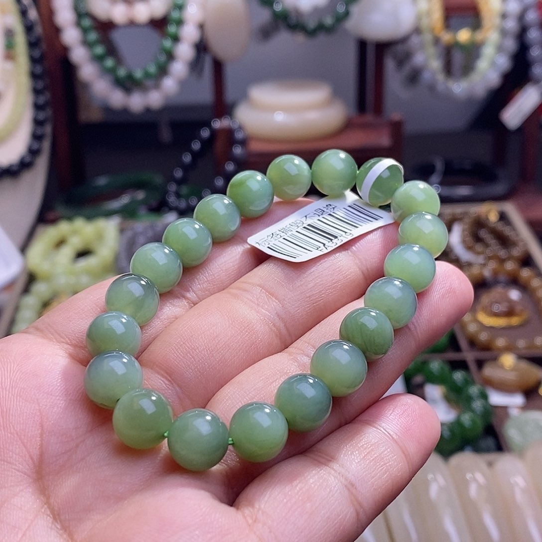 和田玉收藏级碧玉老矿料高冰猫眼粉青手串10未镶嵌甜**夕