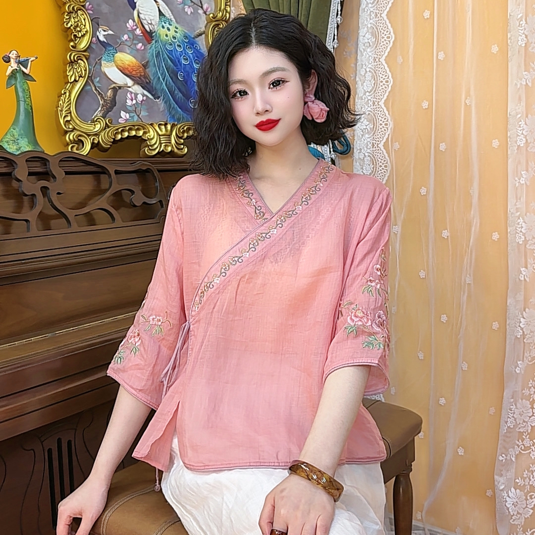 文艺复古纯苎麻气质v领斜襟刺绣侧面系带夏季衬衫女中国风上衣夏