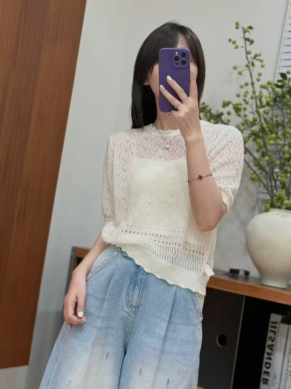 2025秋季新款镂空设计纯色圆领百搭宽松女式套头短袖