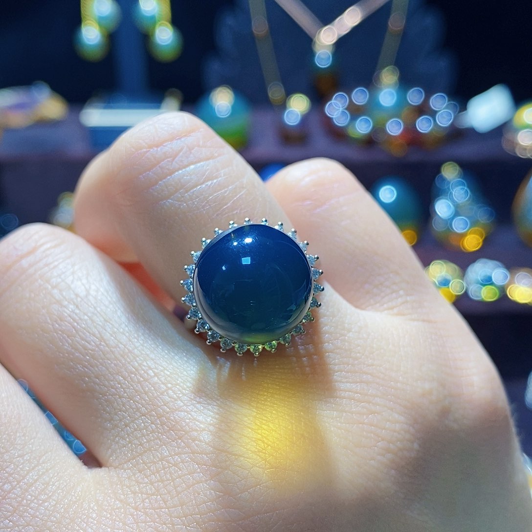 蓝珀戒指银S925镶嵌戒指13m