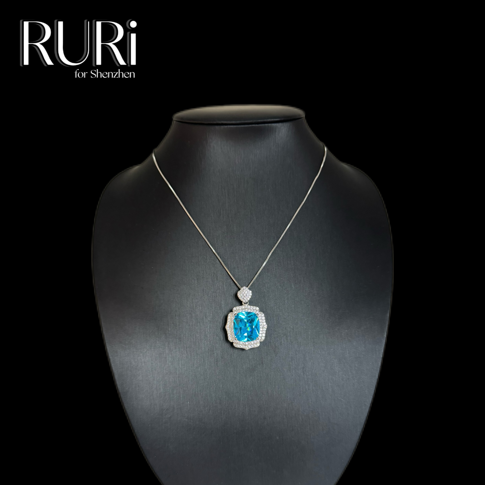 坠链均925银合成锆石 RURI 简约时尚百搭海蓝镶嵌石项链 A0177