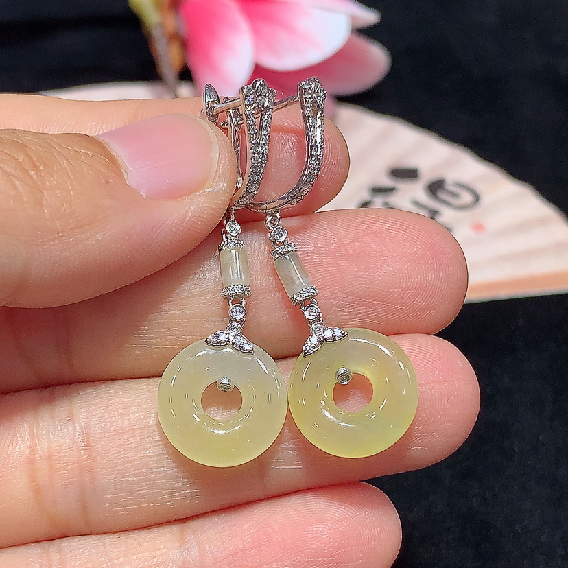 18k金天然A货翡翠黄甜甜圈耳扣经典时尚气质百搭款