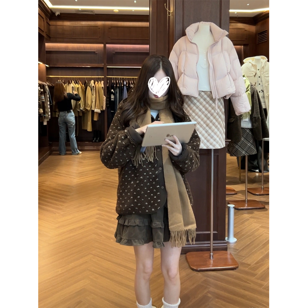 秋冬宽松立领两面穿爱心摇粒绒外套+木耳边灯芯绒半裙23169#