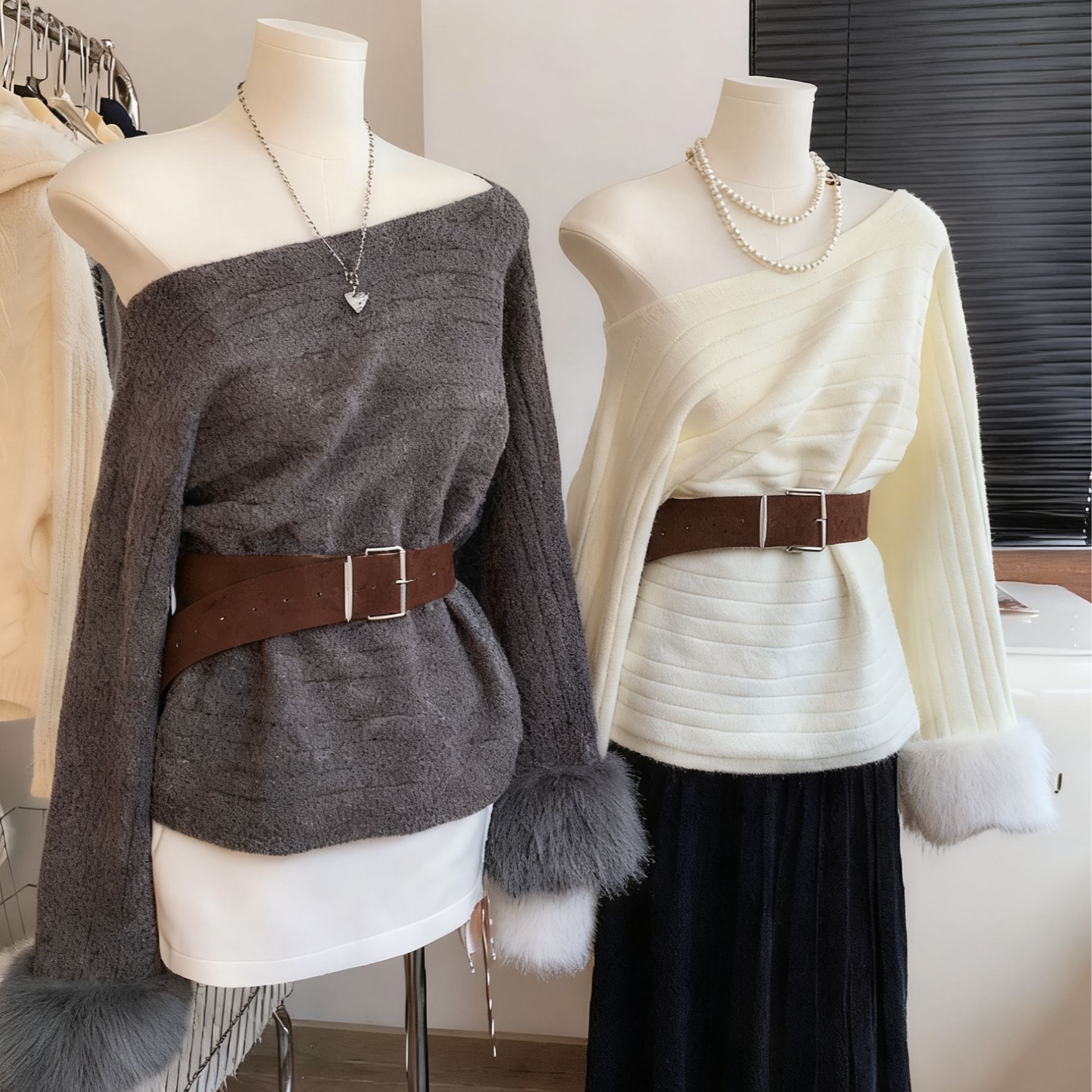 十三行2025秋冬新款斜肩毛毛拼接针织衫女纯欲风气质宽松长袖毛衣