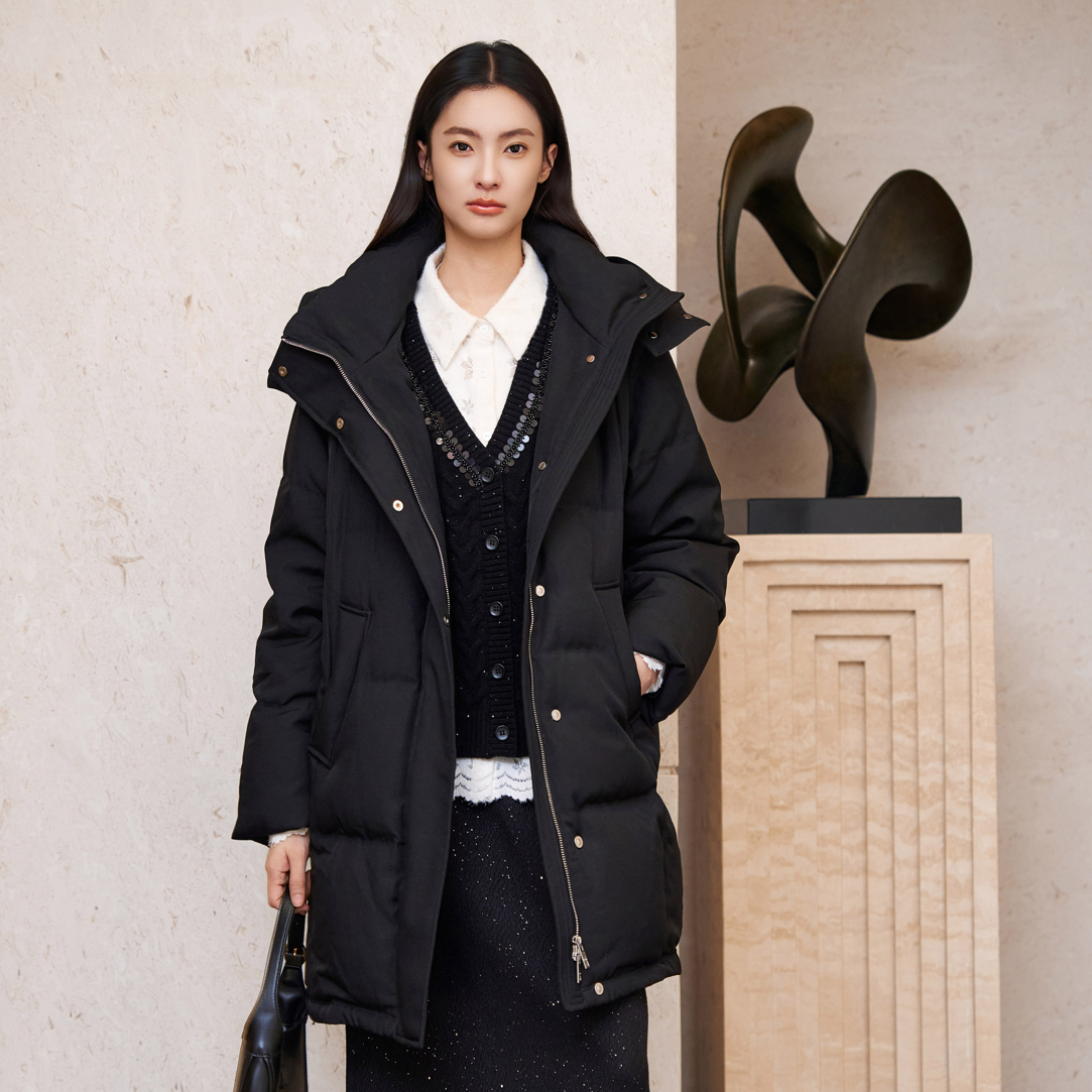 【俪妍】黑色中长超高克重242克以上羽绒服