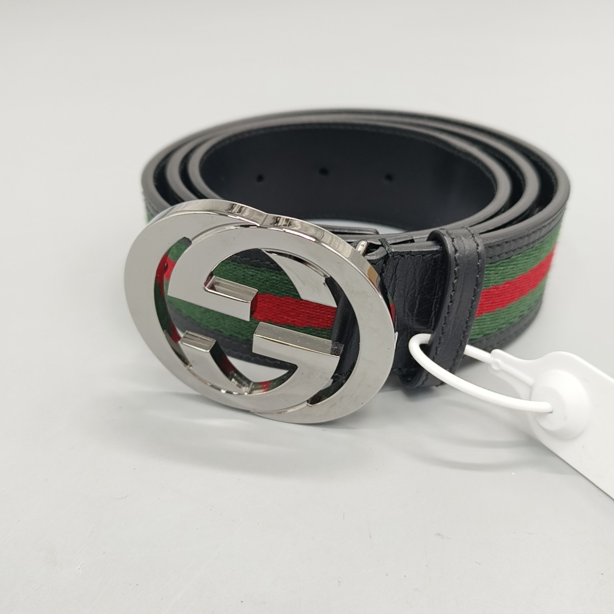 99新 GUCCI/古驰 银色双G 红绿条纹织带腰带 宽4cm