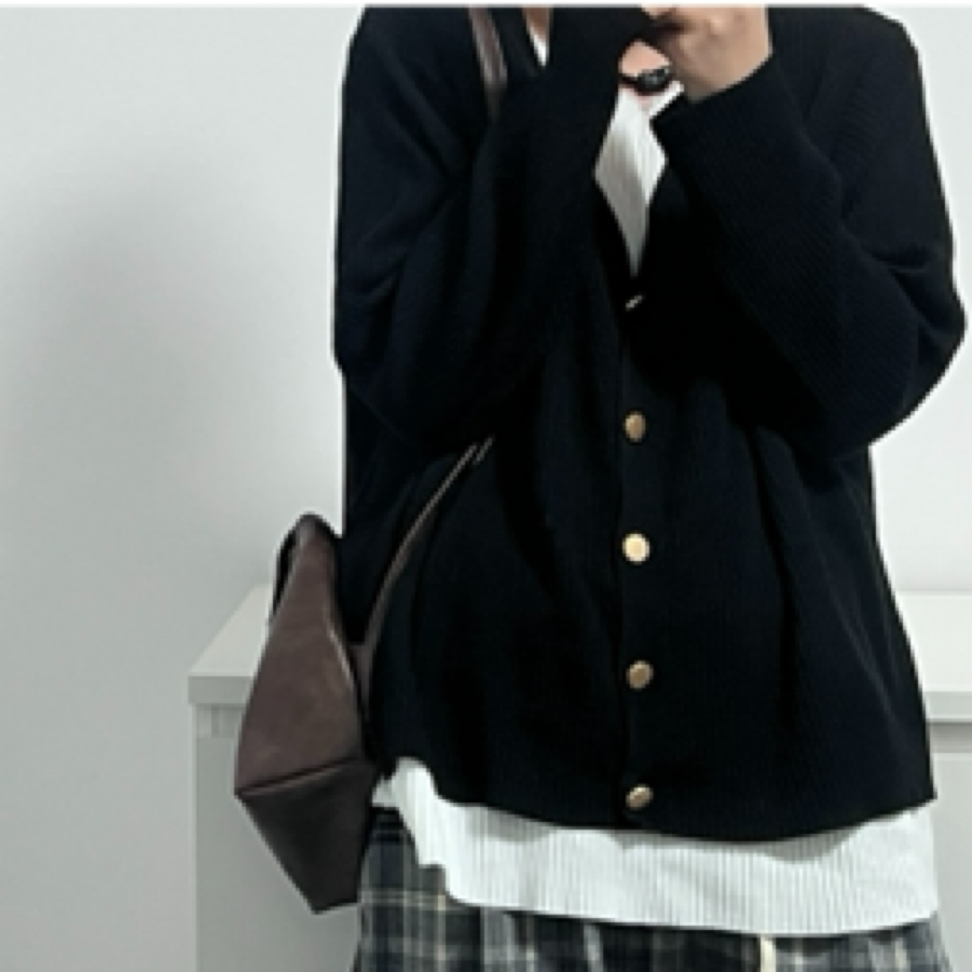 【PAOMIAN】私服韩系新款慵懒复古假两件针织黑上衣宽松胖mm时尚