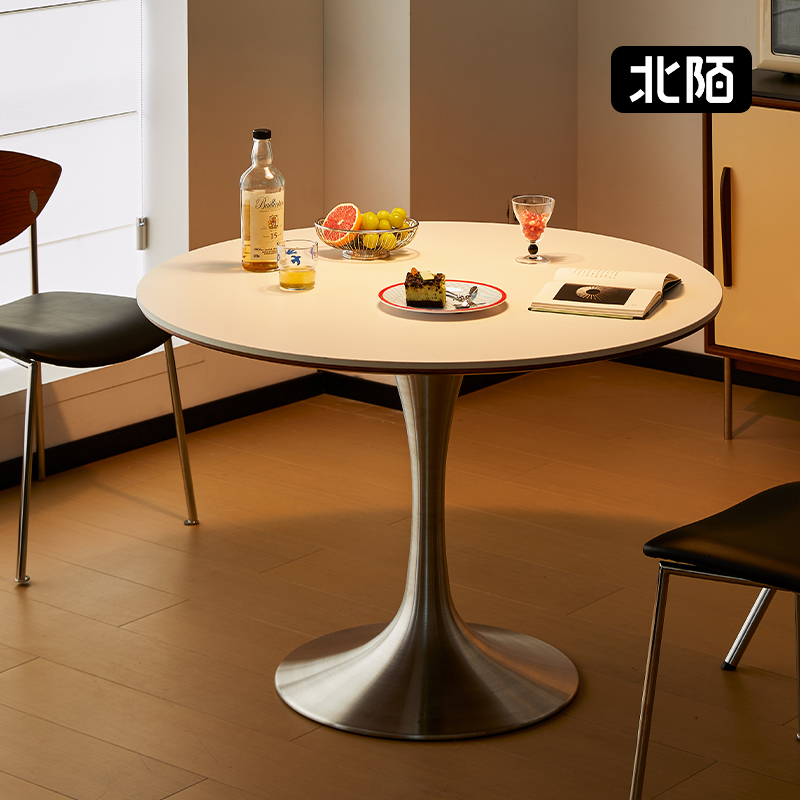 【国补15%】岩板圆桌实木郁金香饭桌中古家用小户型不锈钢圆形餐桌
