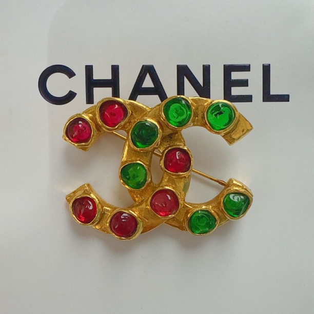 95新 Chanel/香奈儿 Chanel vintage香奈儿中古双c红绿琉璃胸针